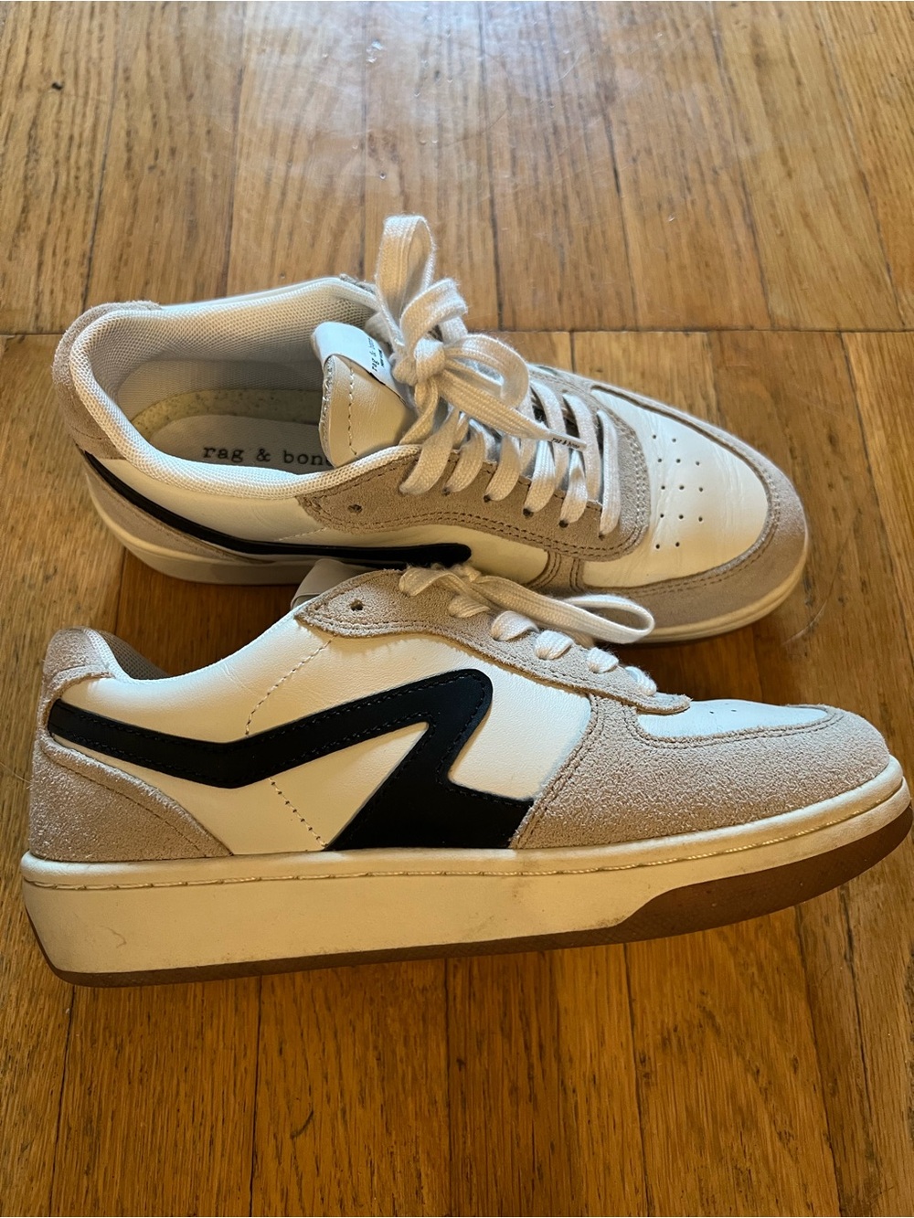 rag & bone women’s White and Beige Leather & Suede Sneakers with Black Accent